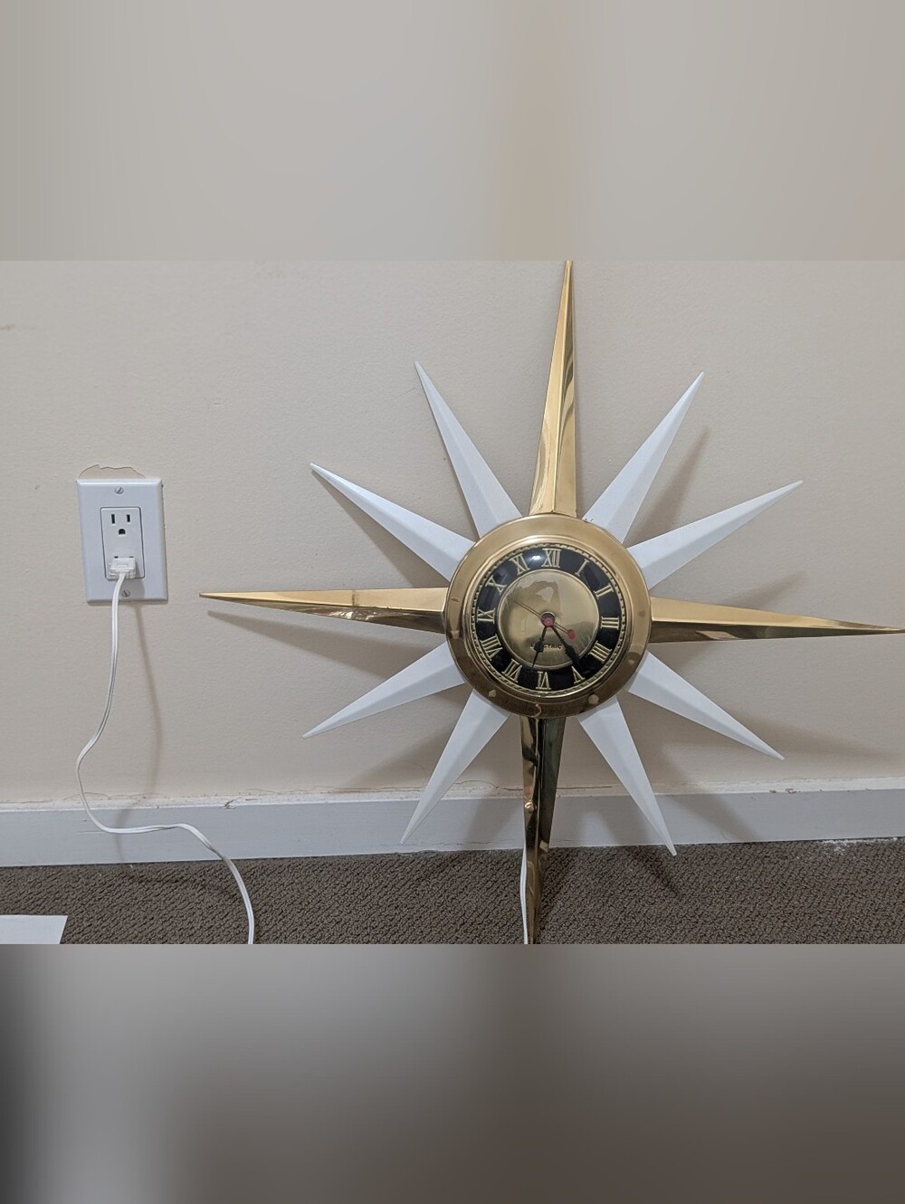 Vintage Starburst Wall Clock in White and brass